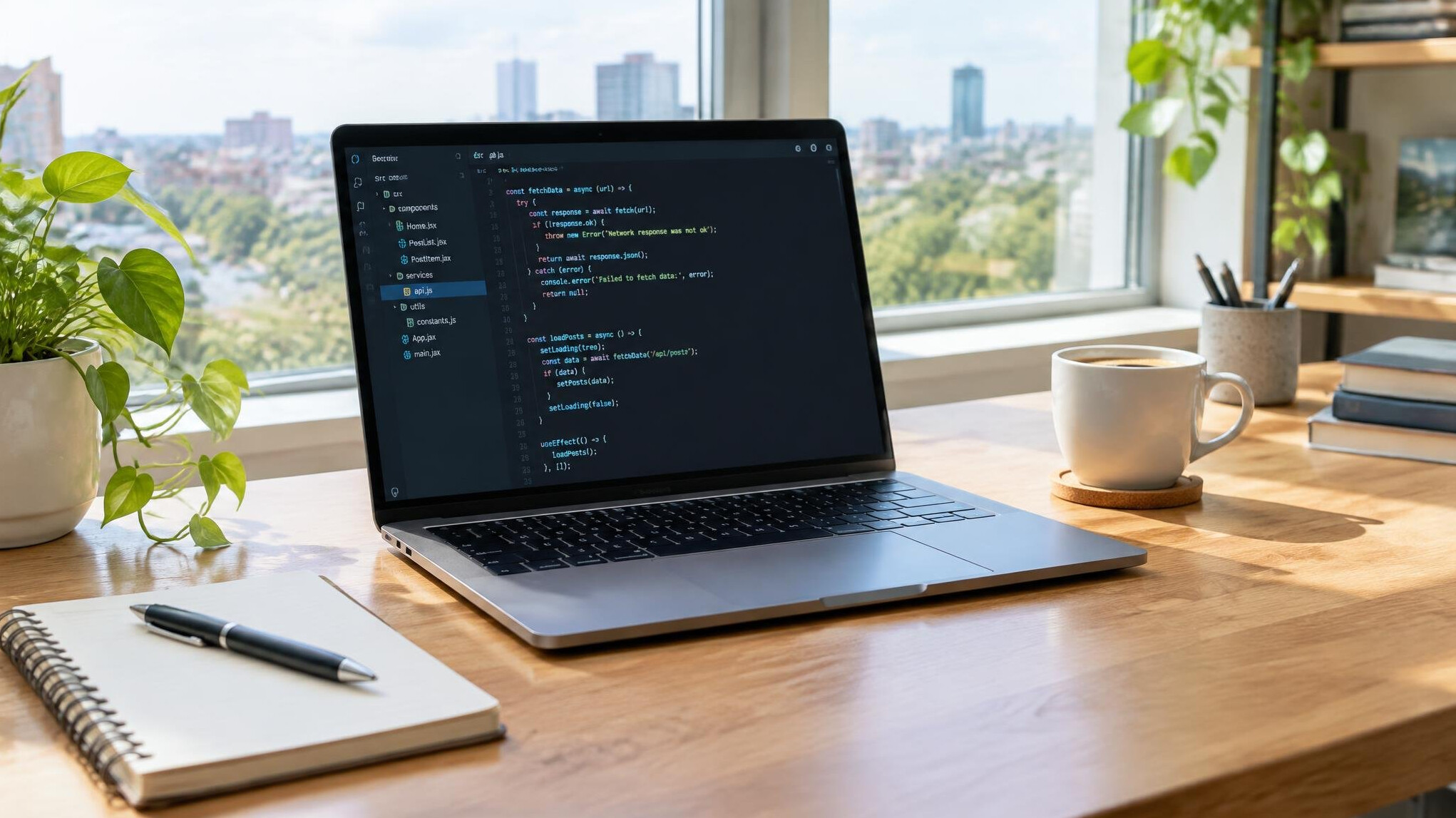 Laptop with source code on a wooden desk